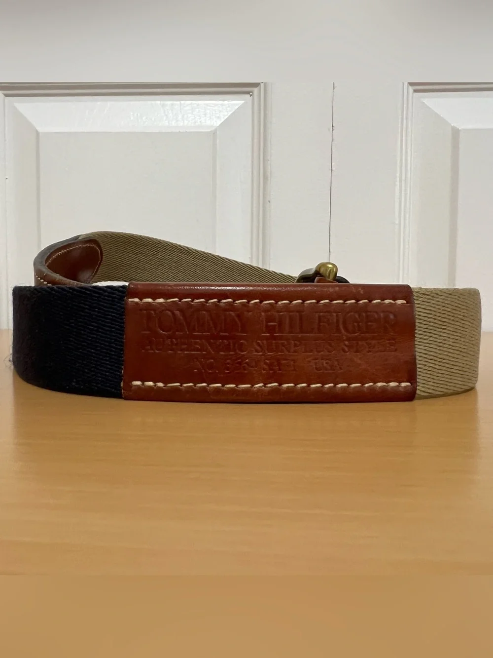 Vtg Tommy Hilfiger Authentic Surpus Style Khaki & Navy Surcingle Belt Sz 36 USA